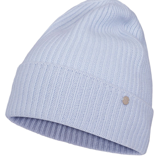 Holly cashmere ribbestrikket lue med oppbrett – Isblå
