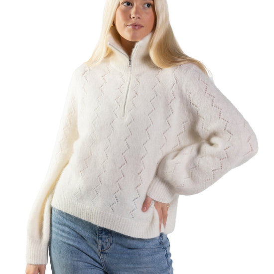Mille mohair genser med hullmønster og glidlås – Off White