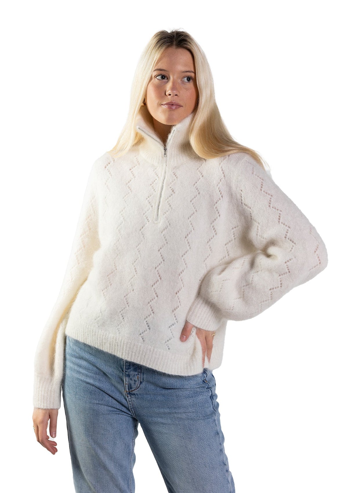 Mille mohair genser med hullmønster og glidlås – Off White