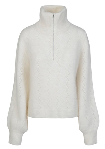 Mille mohair genser med hullmønster og glidlås – Off White