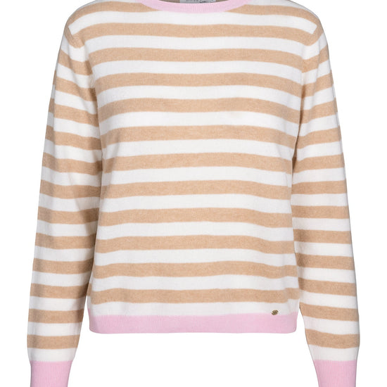 Sasha cashmere genser med striper – Lys camelbeige, off white striper og rosa kanter