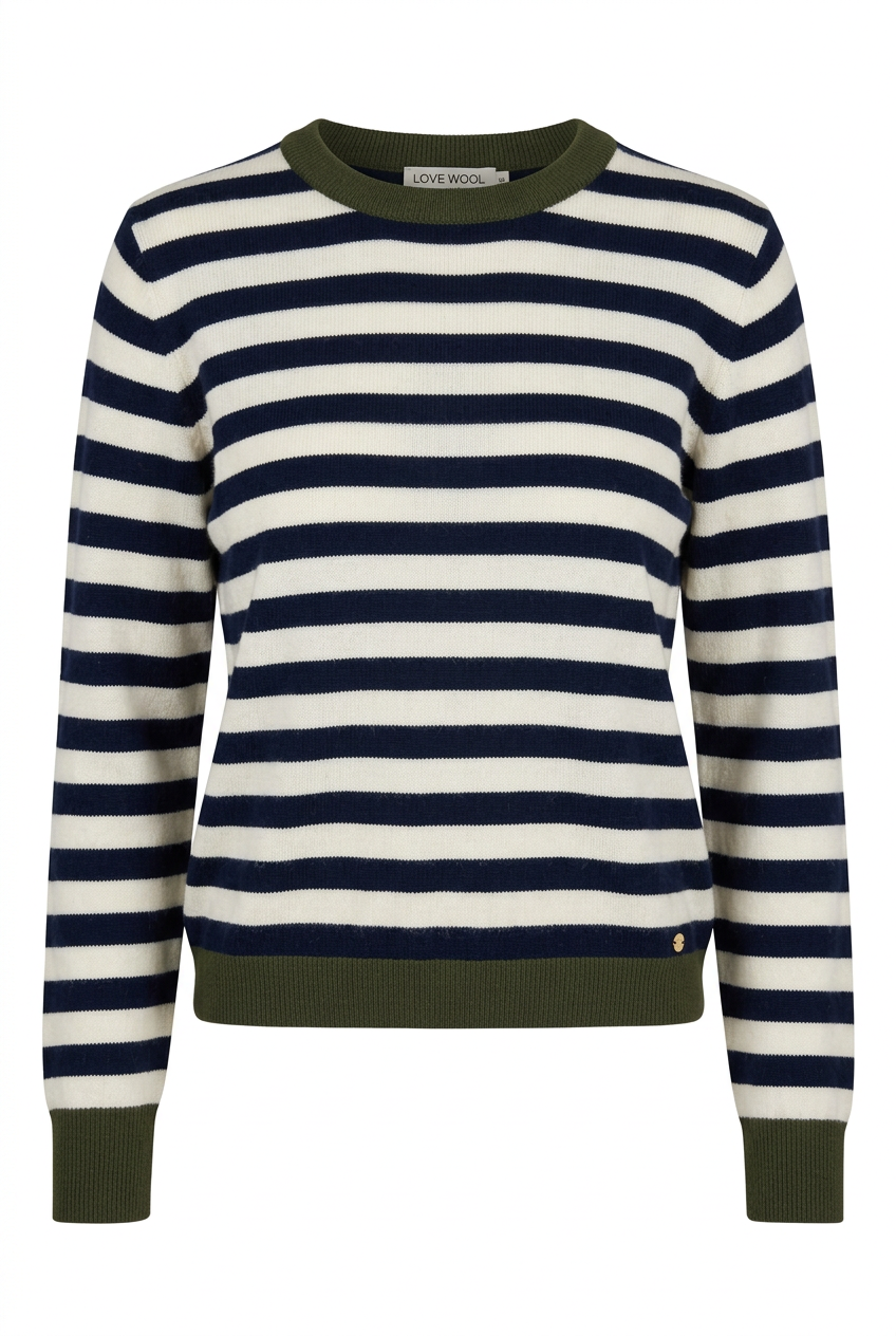 Sasha marineblå og off white striper foran