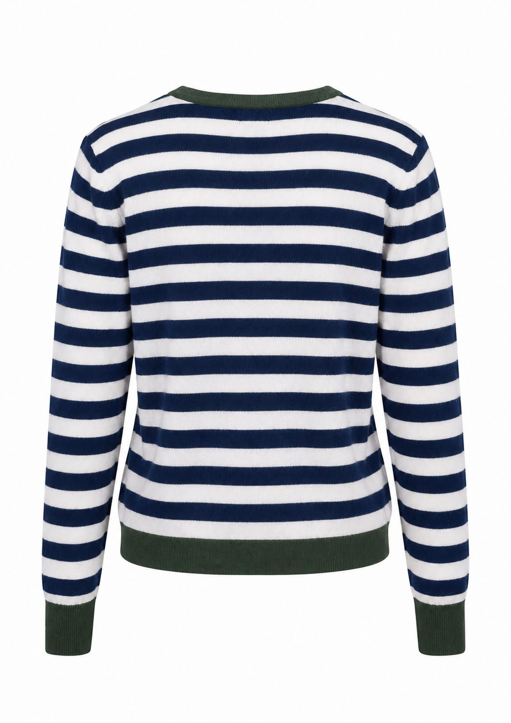 Sasha smalstripete genser i marineblå med off white striper og grønne kanter